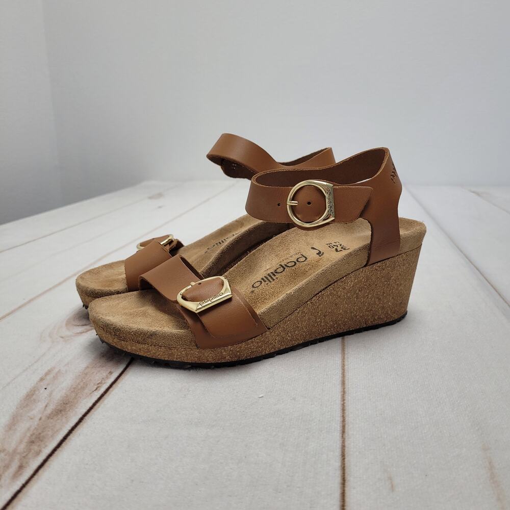 Papillio Birkenstock Soley burnt orange leather wedge sandals buckle 37